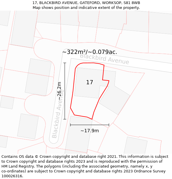 17, BLACKBIRD AVENUE, GATEFORD, WORKSOP, S81 8WB: Plot and title map