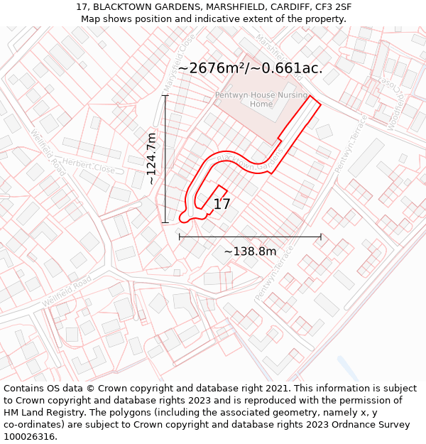 17, BLACKTOWN GARDENS, MARSHFIELD, CARDIFF, CF3 2SF: Plot and title map