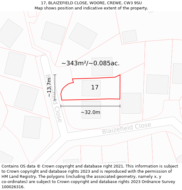 17, BLAIZEFIELD CLOSE, WOORE, CREWE, CW3 9SU: Plot and title map