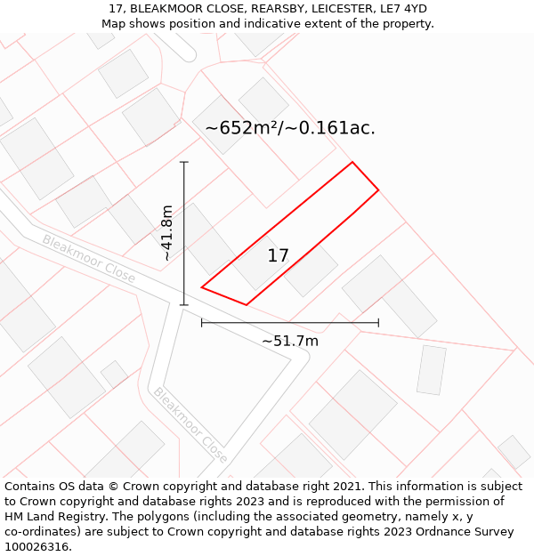 17, BLEAKMOOR CLOSE, REARSBY, LEICESTER, LE7 4YD: Plot and title map