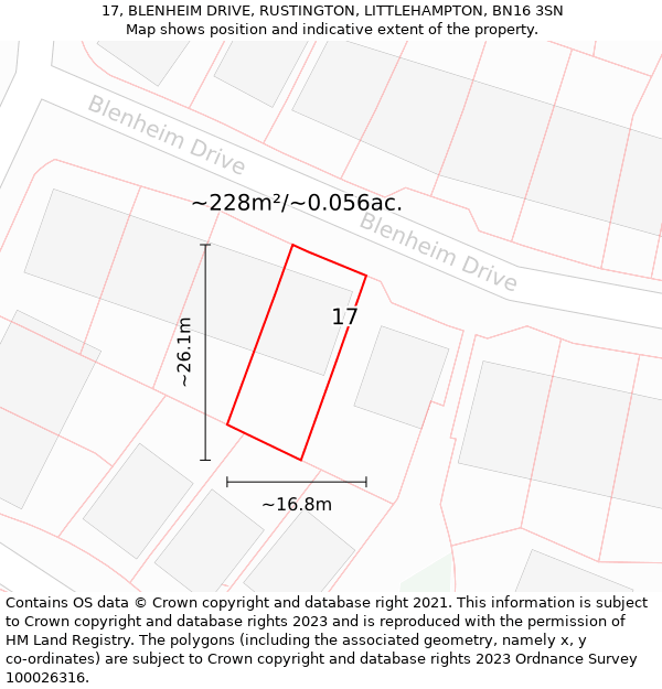 17, BLENHEIM DRIVE, RUSTINGTON, LITTLEHAMPTON, BN16 3SN: Plot and title map