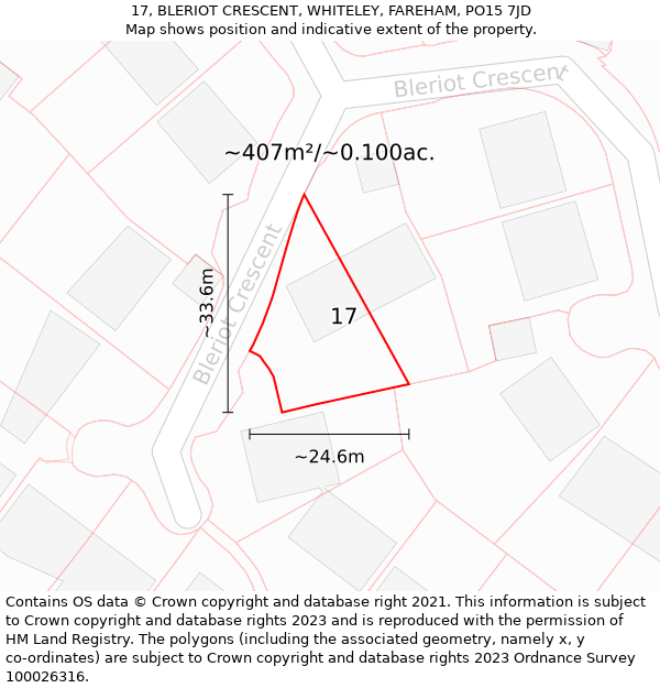 17, BLERIOT CRESCENT, WHITELEY, FAREHAM, PO15 7JD: Plot and title map