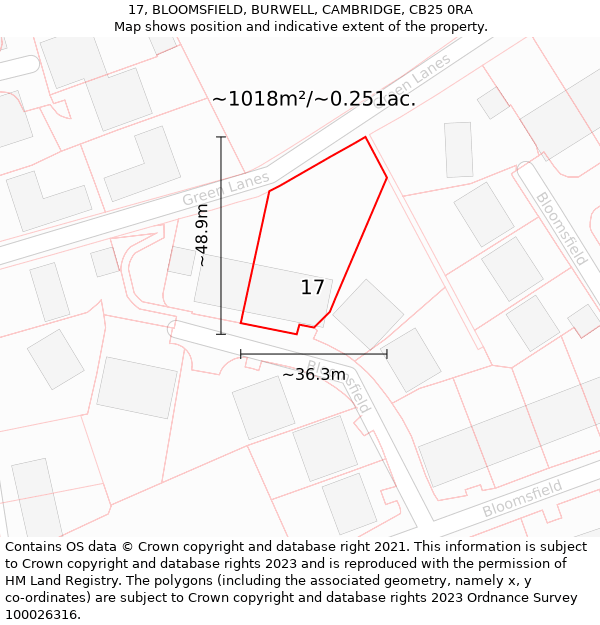 17, BLOOMSFIELD, BURWELL, CAMBRIDGE, CB25 0RA: Plot and title map