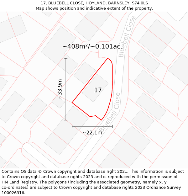 17, BLUEBELL CLOSE, HOYLAND, BARNSLEY, S74 0LS: Plot and title map