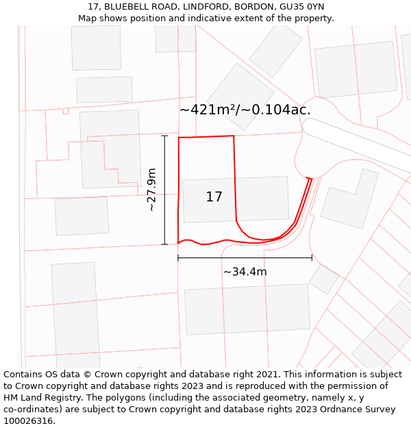 17, BLUEBELL ROAD, LINDFORD, BORDON, GU35 0YN: Plot and title map