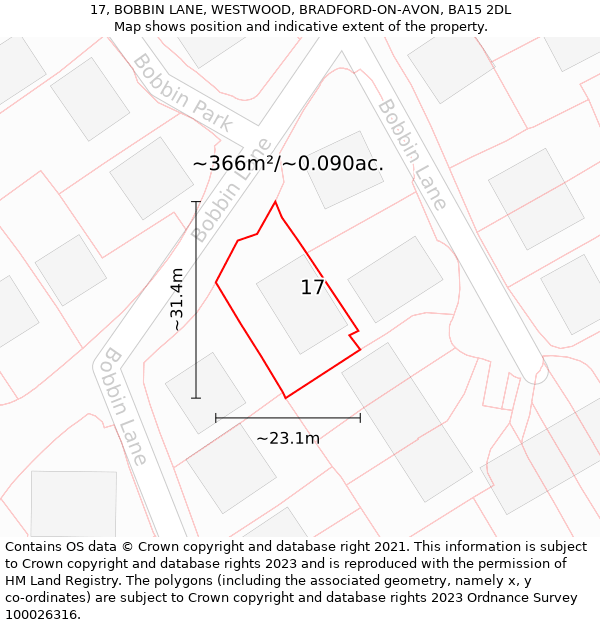 17, BOBBIN LANE, WESTWOOD, BRADFORD-ON-AVON, BA15 2DL: Plot and title map