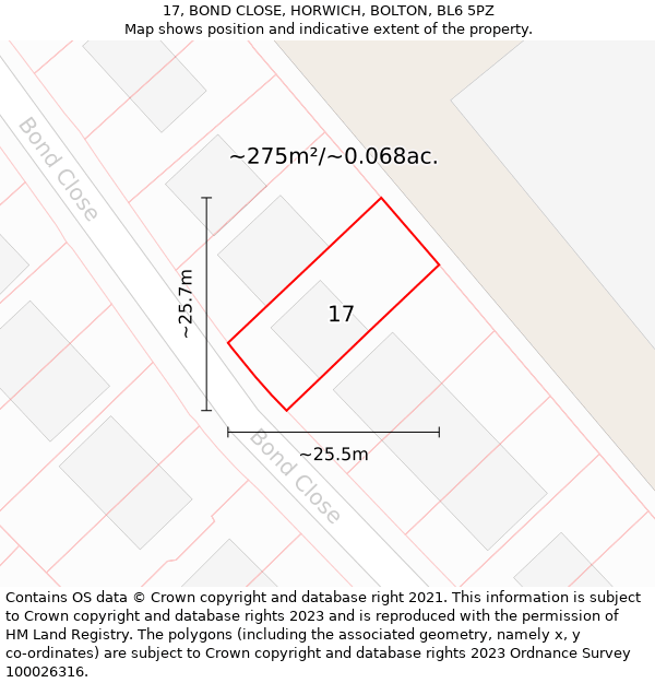 17, BOND CLOSE, HORWICH, BOLTON, BL6 5PZ: Plot and title map