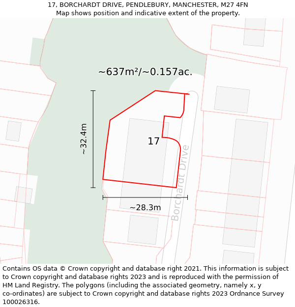 17, BORCHARDT DRIVE, PENDLEBURY, MANCHESTER, M27 4FN: Plot and title map