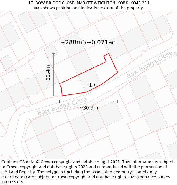 17, BOW BRIDGE CLOSE, MARKET WEIGHTON, YORK, YO43 3FH: Plot and title map