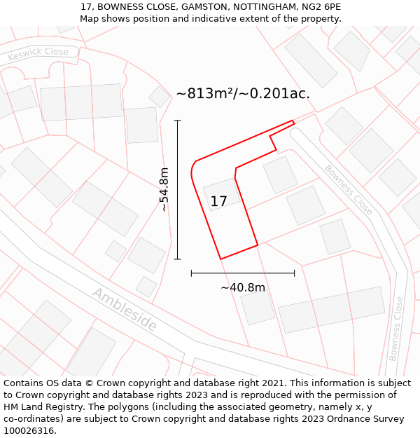 17, BOWNESS CLOSE, GAMSTON, NOTTINGHAM, NG2 6PE: Plot and title map