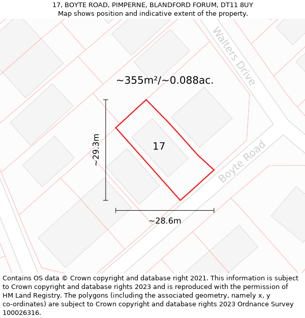 17, BOYTE ROAD, PIMPERNE, BLANDFORD FORUM, DT11 8UY: Plot and title map