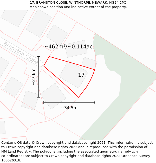 17, BRANSTON CLOSE, WINTHORPE, NEWARK, NG24 2PQ: Plot and title map