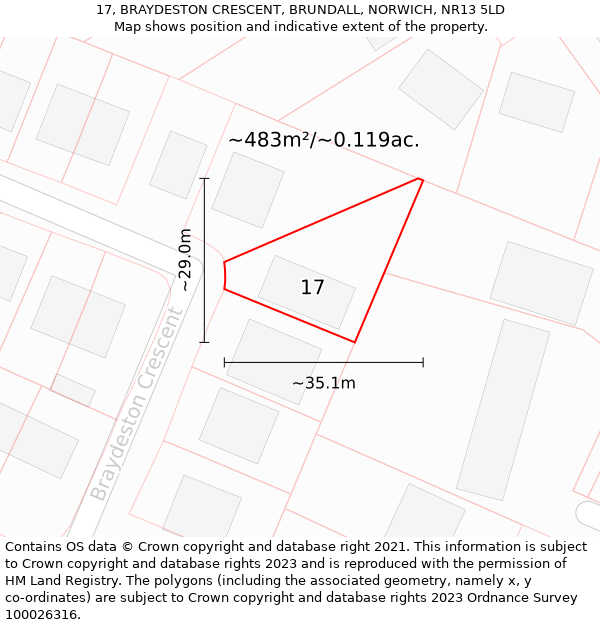 17, BRAYDESTON CRESCENT, BRUNDALL, NORWICH, NR13 5LD: Plot and title map