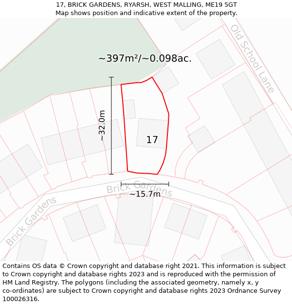 17, BRICK GARDENS, RYARSH, WEST MALLING, ME19 5GT: Plot and title map