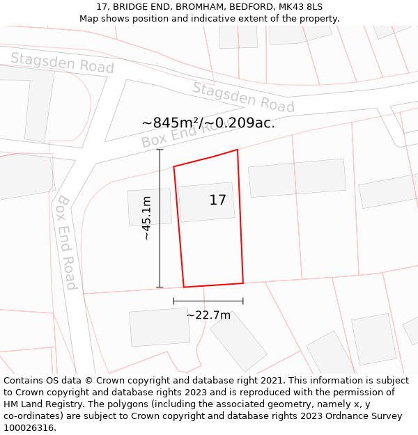 17, BRIDGE END, BROMHAM, BEDFORD, MK43 8LS: Plot and title map