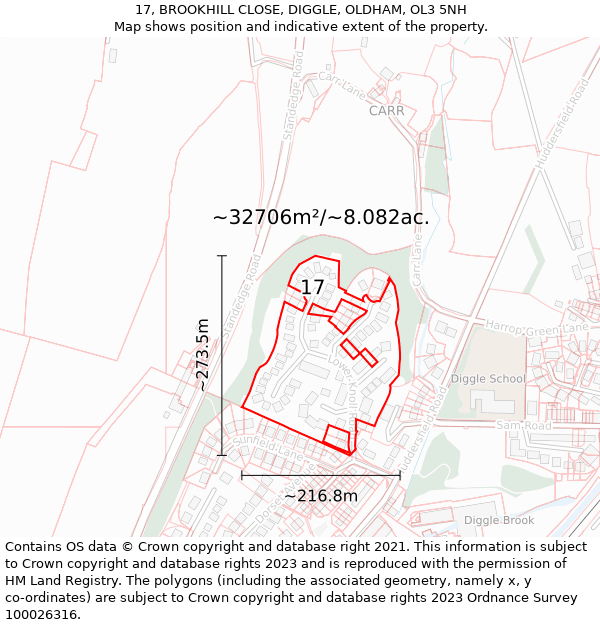 17, BROOKHILL CLOSE, DIGGLE, OLDHAM, OL3 5NH: Plot and title map