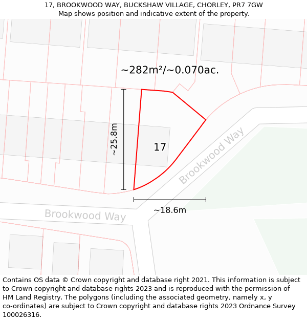 17, BROOKWOOD WAY, BUCKSHAW VILLAGE, CHORLEY, PR7 7GW: Plot and title map