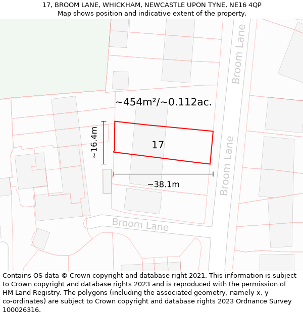 17, BROOM LANE, WHICKHAM, NEWCASTLE UPON TYNE, NE16 4QP: Plot and title map