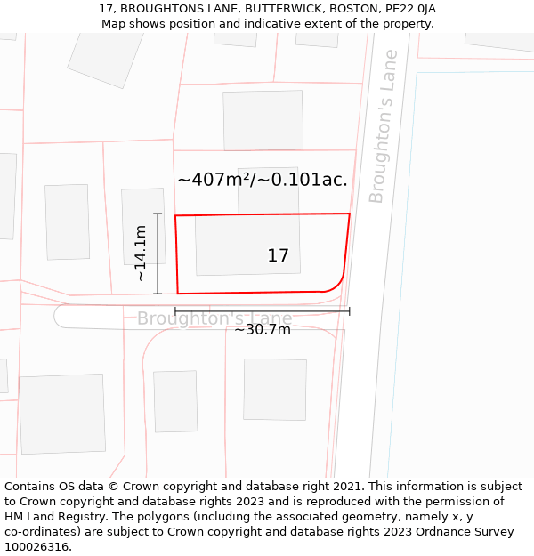 17, BROUGHTONS LANE, BUTTERWICK, BOSTON, PE22 0JA: Plot and title map