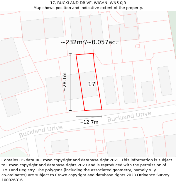 17, BUCKLAND DRIVE, WIGAN, WN5 0JR: Plot and title map