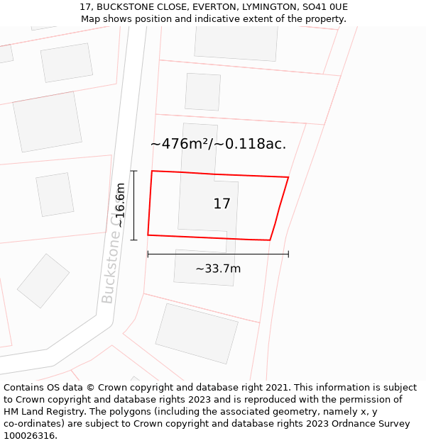 17, BUCKSTONE CLOSE, EVERTON, LYMINGTON, SO41 0UE: Plot and title map