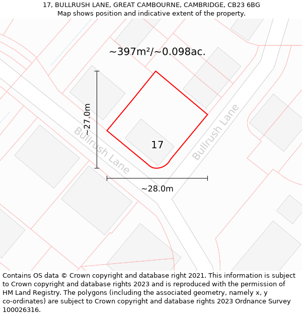 17, BULLRUSH LANE, GREAT CAMBOURNE, CAMBRIDGE, CB23 6BG: Plot and title map