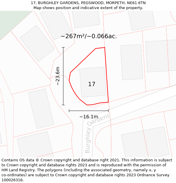 17, BURGHLEY GARDENS, PEGSWOOD, MORPETH, NE61 6TN: Plot and title map