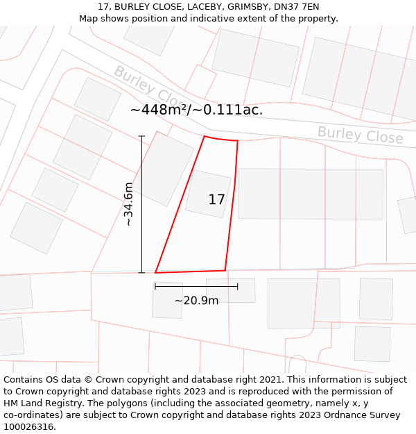 17, BURLEY CLOSE, LACEBY, GRIMSBY, DN37 7EN: Plot and title map