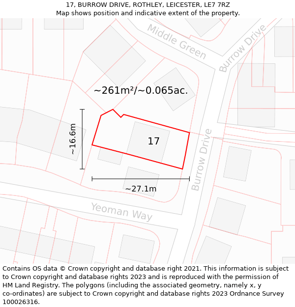 17, BURROW DRIVE, ROTHLEY, LEICESTER, LE7 7RZ: Plot and title map