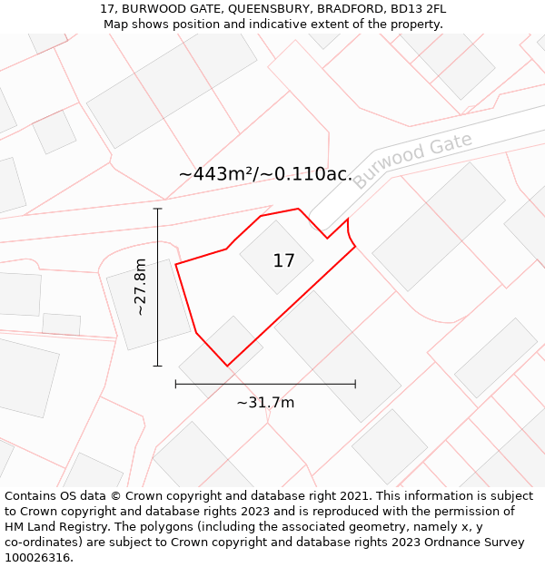 17, BURWOOD GATE, QUEENSBURY, BRADFORD, BD13 2FL: Plot and title map