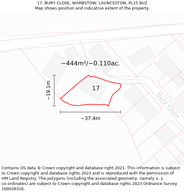 17, BURY CLOSE, WARBSTOW, LAUNCESTON, PL15 8UZ: Plot and title map