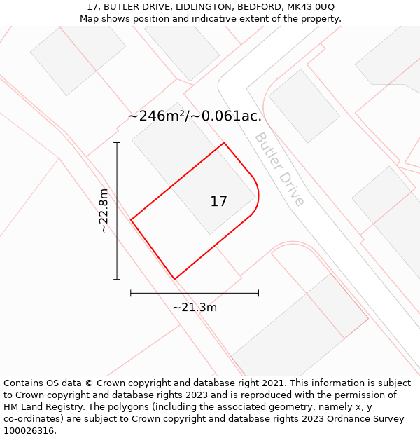 17, BUTLER DRIVE, LIDLINGTON, BEDFORD, MK43 0UQ: Plot and title map