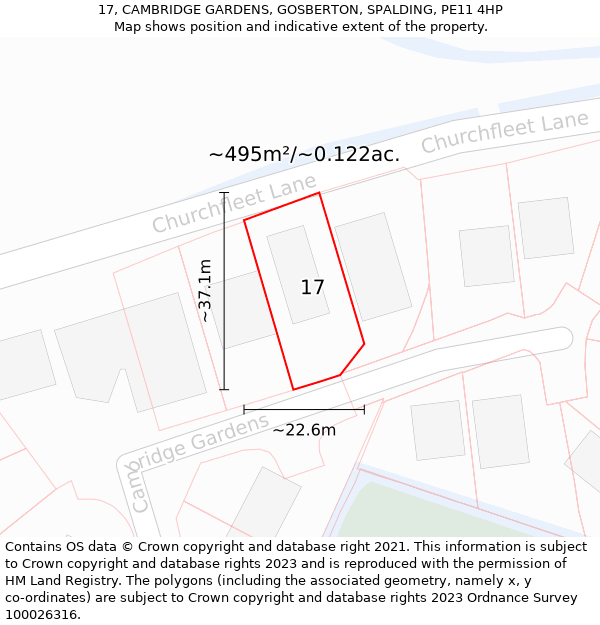 17, CAMBRIDGE GARDENS, GOSBERTON, SPALDING, PE11 4HP: Plot and title map