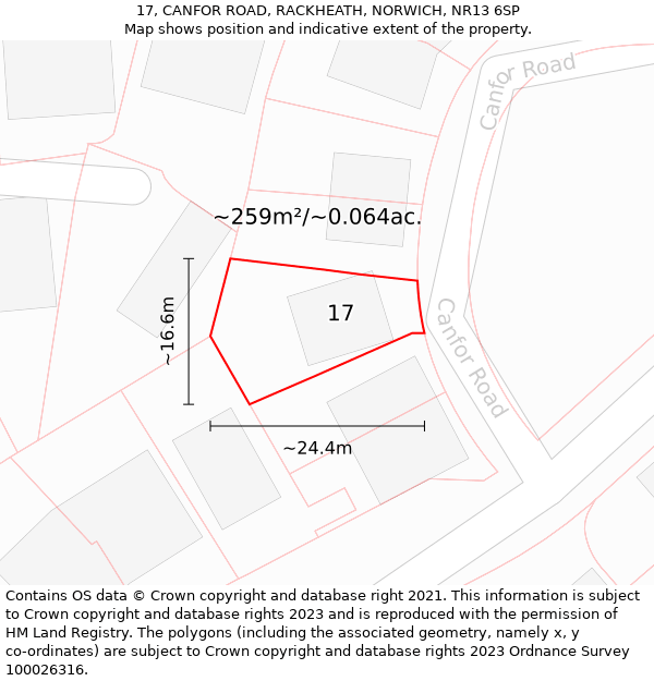 17, CANFOR ROAD, RACKHEATH, NORWICH, NR13 6SP: Plot and title map