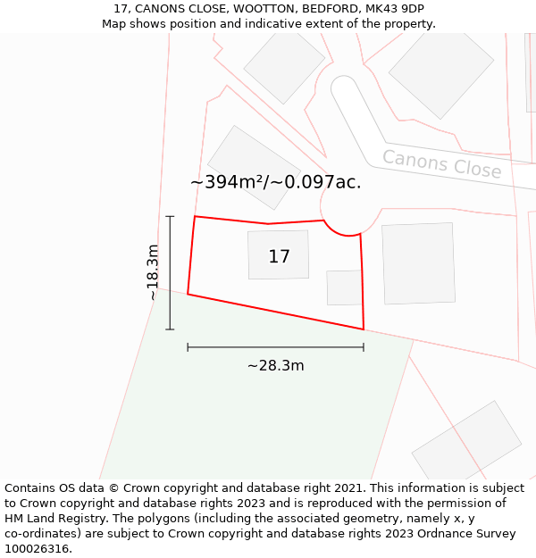 17, CANONS CLOSE, WOOTTON, BEDFORD, MK43 9DP: Plot and title map