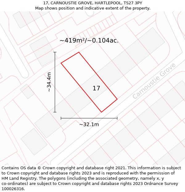 17, CARNOUSTIE GROVE, HARTLEPOOL, TS27 3PY: Plot and title map