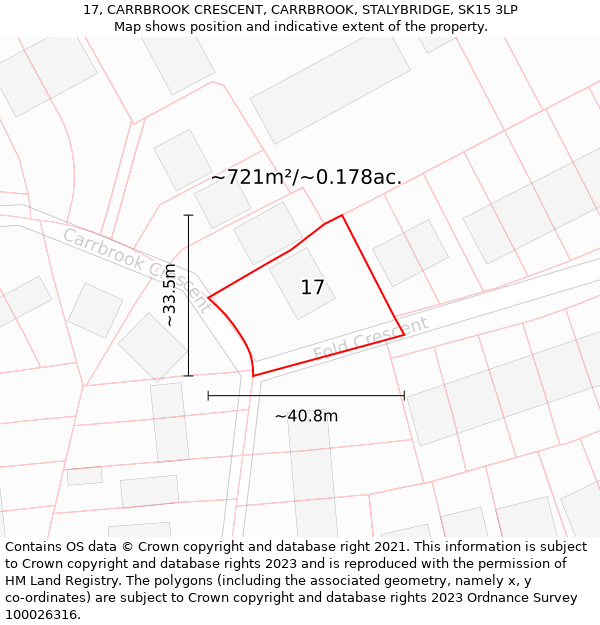 17, CARRBROOK CRESCENT, CARRBROOK, STALYBRIDGE, SK15 3LP: Plot and title map