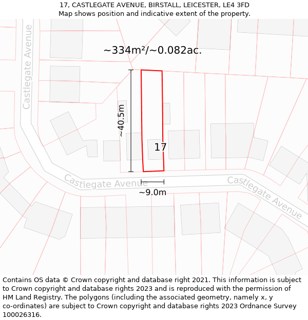 17, CASTLEGATE AVENUE, BIRSTALL, LEICESTER, LE4 3FD: Plot and title map