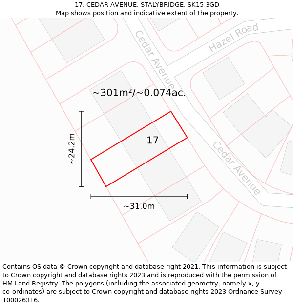 17, CEDAR AVENUE, STALYBRIDGE, SK15 3GD: Plot and title map