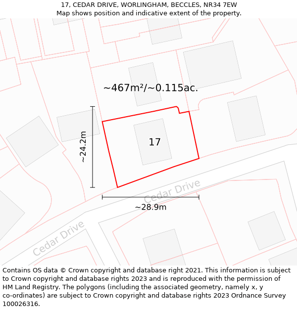 17, CEDAR DRIVE, WORLINGHAM, BECCLES, NR34 7EW: Plot and title map