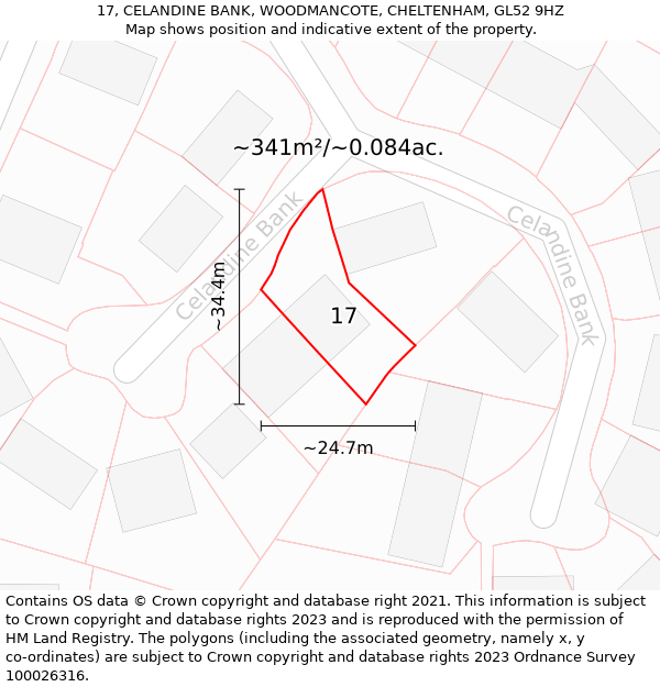 17, CELANDINE BANK, WOODMANCOTE, CHELTENHAM, GL52 9HZ: Plot and title map