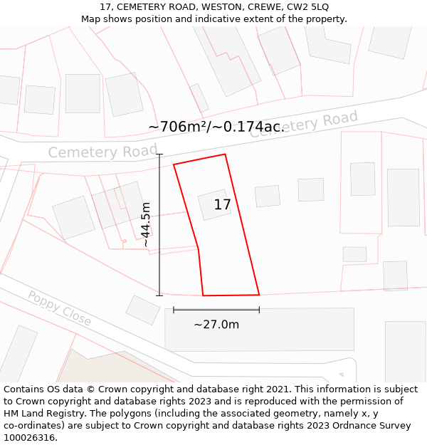 17, CEMETERY ROAD, WESTON, CREWE, CW2 5LQ: Plot and title map