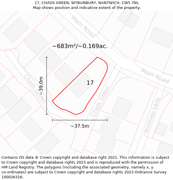 17, CHADS GREEN, WYBUNBURY, NANTWICH, CW5 7NL: Plot and title map