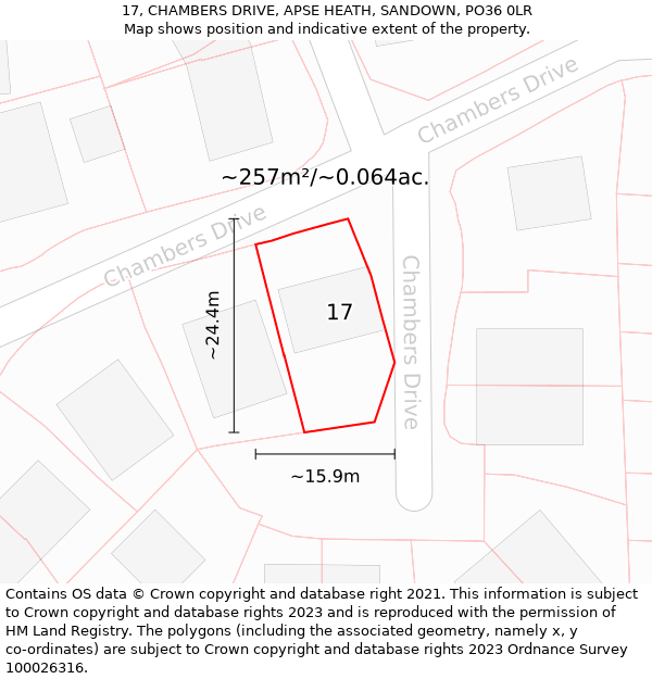 17, CHAMBERS DRIVE, APSE HEATH, SANDOWN, PO36 0LR: Plot and title map