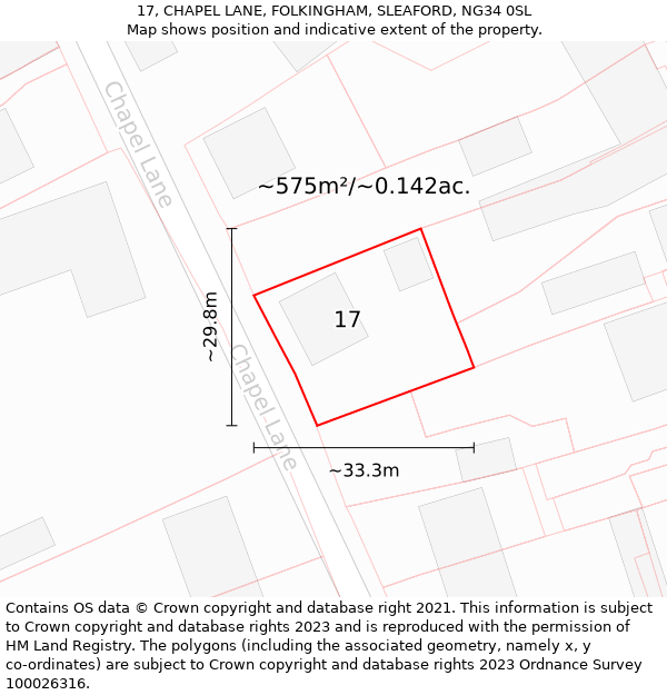 17, CHAPEL LANE, FOLKINGHAM, SLEAFORD, NG34 0SL: Plot and title map