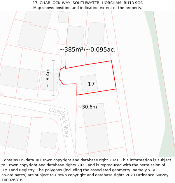 17, CHARLOCK WAY, SOUTHWATER, HORSHAM, RH13 9GS: Plot and title map