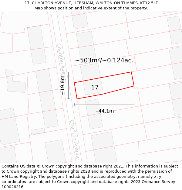 17, CHARLTON AVENUE, HERSHAM, WALTON-ON-THAMES, KT12 5LF: Plot and title map