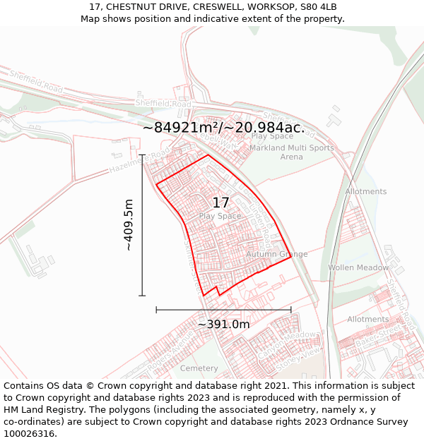 17, CHESTNUT DRIVE, CRESWELL, WORKSOP, S80 4LB: Plot and title map