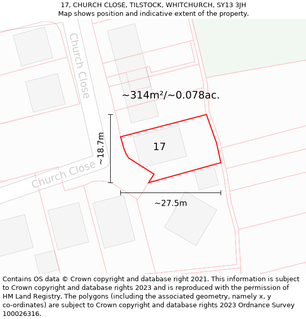 17, CHURCH CLOSE, TILSTOCK, WHITCHURCH, SY13 3JH: Plot and title map