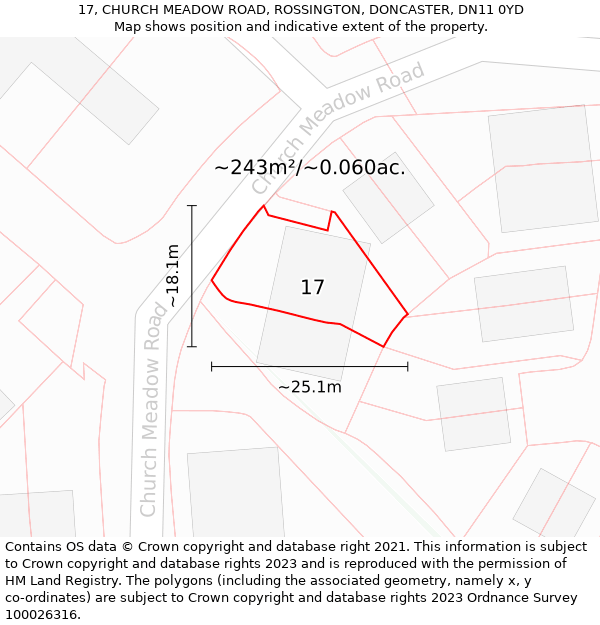 17, CHURCH MEADOW ROAD, ROSSINGTON, DONCASTER, DN11 0YD: Plot and title map